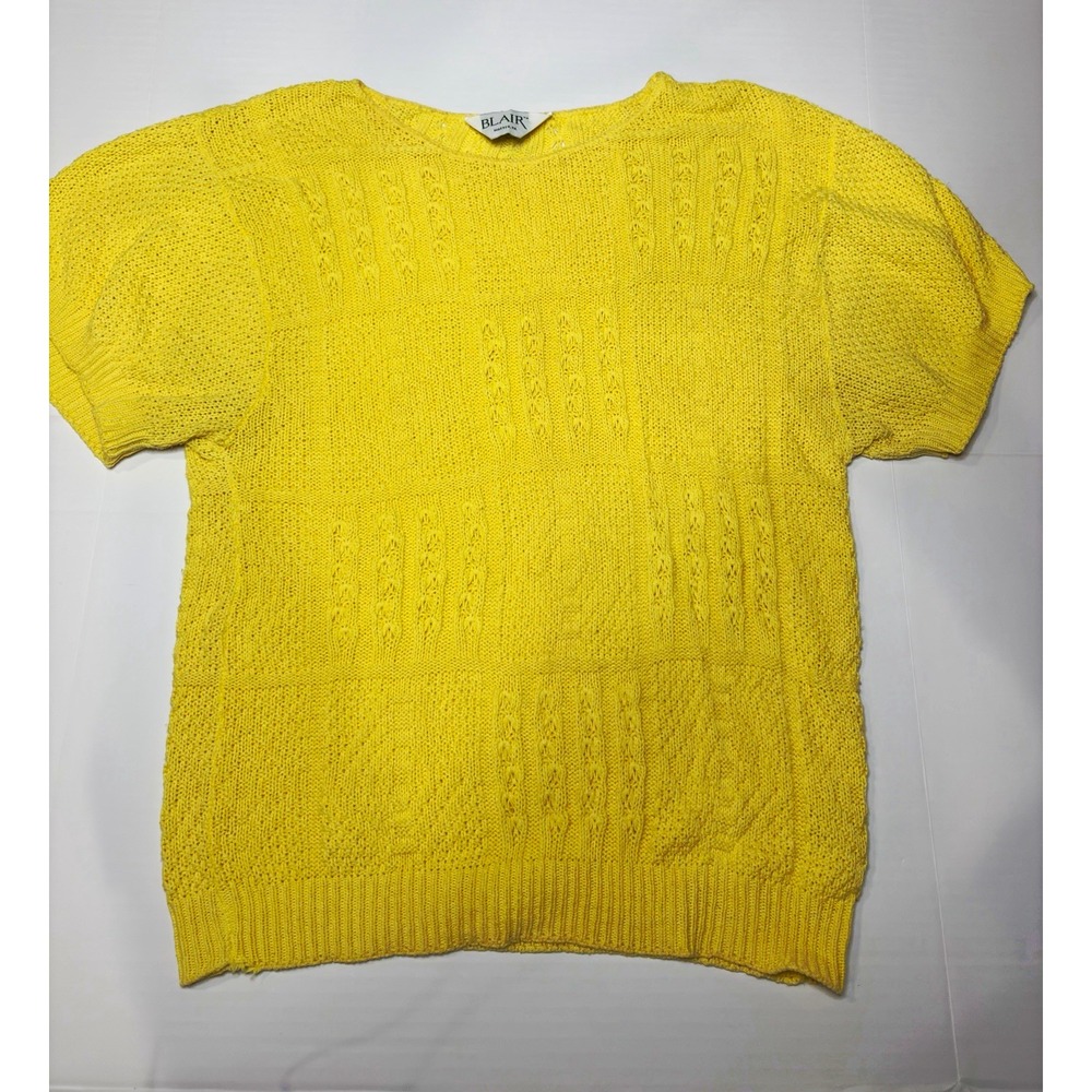 Vintage 80s Blair Women's Large Yellow Cotton Cable Knit Short Sleeve Sweater